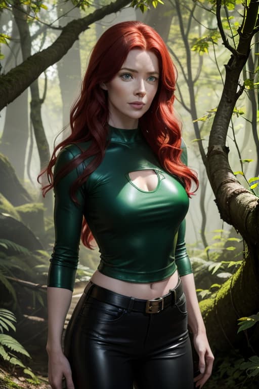  Bridget Regan with straight red hair, ((green eyes)), neon green cotton T-shirt, black leather pants, ivy leaves, leaves in hair, in the woods