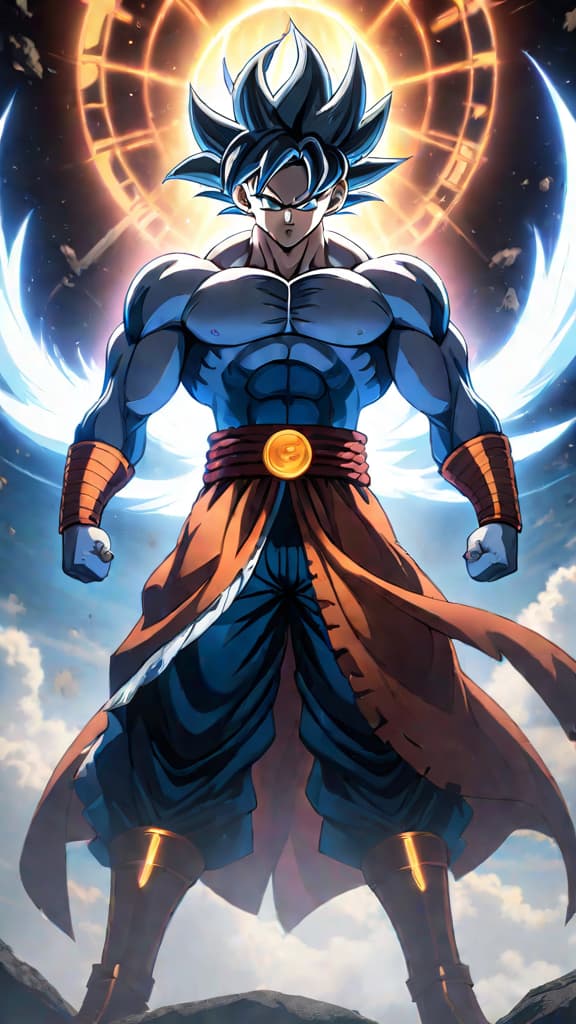  create an anime art of divine ascendance surpassing ultra instinct with omnipotent awareness and strength. hyperrealistic, full body, detailed clothing, highly detailed, cinematic lighting, stunningly beautiful, intricate, sharp focus, f/1. 8, 85mm, (centered image composition), (professionally color graded), ((bright soft diffused light)), volumetric fog, trending on instagram, trending on tumblr, HDR 4K, 8K