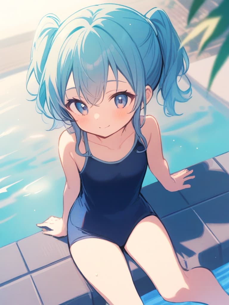  women's elementary students (male), twin tails, cute smiles, (rich s), short stature, dark blue swimwear, old swimwear, swimwear, simple, male , , clear , front, whole body poolside,