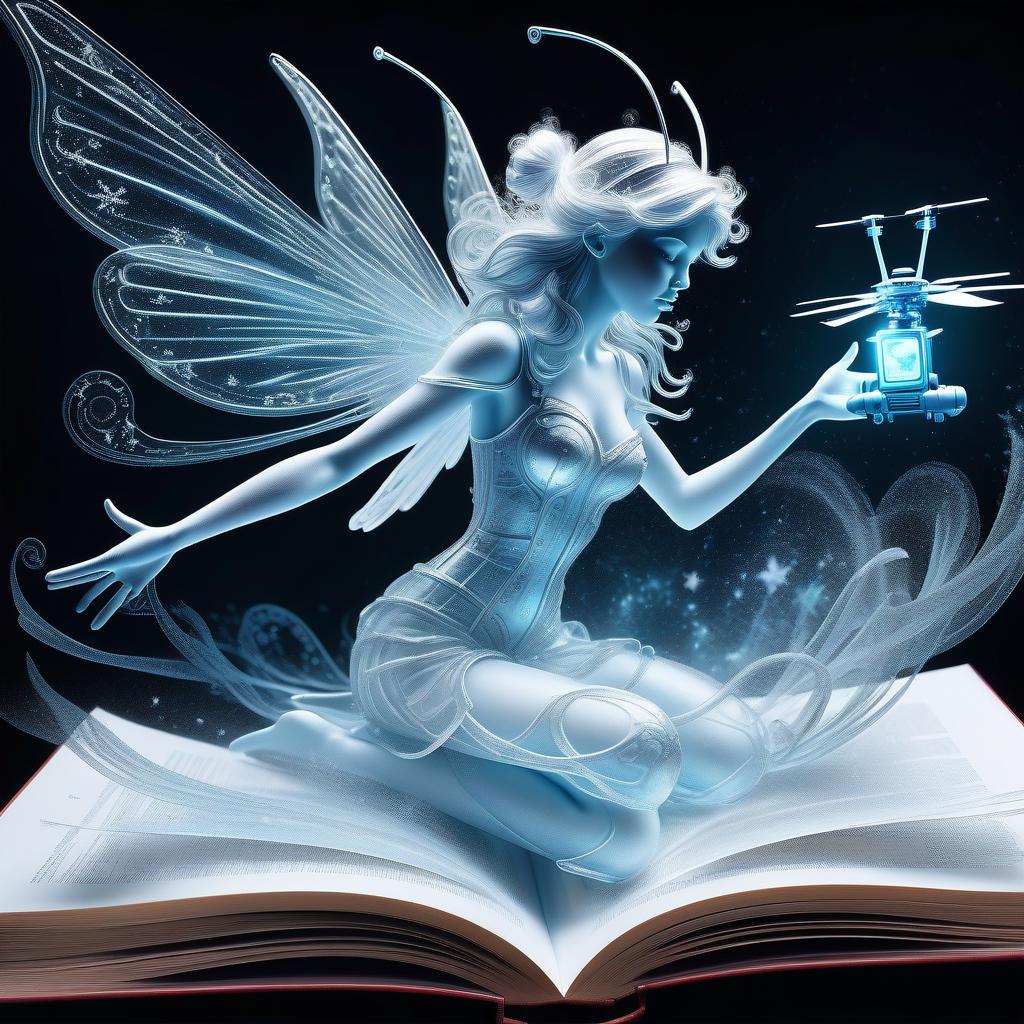  line art drawing highly detailed translucent snow fairy with wings of snow (holding a toy radio controlled helicopter:1.3), blizzard appear from the pages of a fairy tale book, translucent snow blizzard magic snow fairy reaching out of a 3d sculptured book; the souls escaping from book, motion blur action side profile shot of spirit tepping out of book, astrodimensional iridescent spirit of the light, disintegrating into starlight and holographic particulate trails of wispy snow by alberto seveso by giger liquid snow effects in wind :: wind blowing left 3d shading; pulsing with an inner light; clear and sparkling, smooth, flowing, shimmer; 16k resolution, hyperdetailed, intricate beautiful details . professional, sleek, modern, minimalist, 