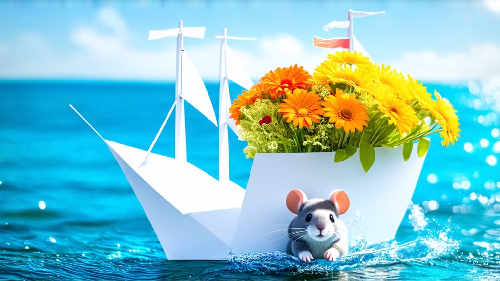  paper ship with a fluffy mouse and a bright bouquet of flowers in it, picture, romanticism, beautiful hd, ultra intricate, ships, in water, very cute, stunning screensaver, crystalline, traveling on water, charming and whimsical photo, beautiful angle, super intricate, washed out, ships, cool wallpaper ar 16:9 {prompt}, maximum details