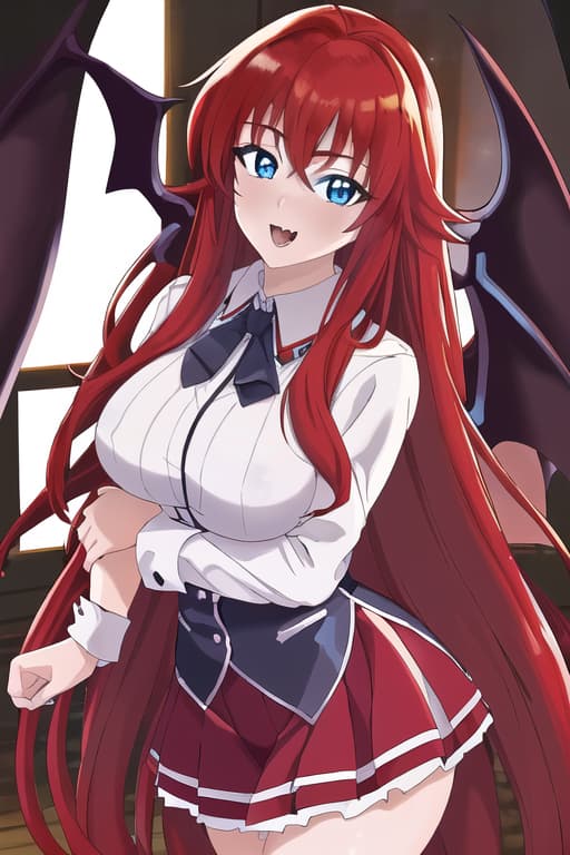  masterpiece, best quality, 1women, long red hair, looking at viewer, :3, cute, black school uniform, outdoors, streets, cowboy shot, curvy, (((blue eyes))), rias gremory, red hair, antenna hair, wavy hair, ((beautiful detailed eyes, beautiful detailed glow, lots of glow)), anime screencap,(vampire:1.2), dark hair, masterpiece, best quality, high quality, solo