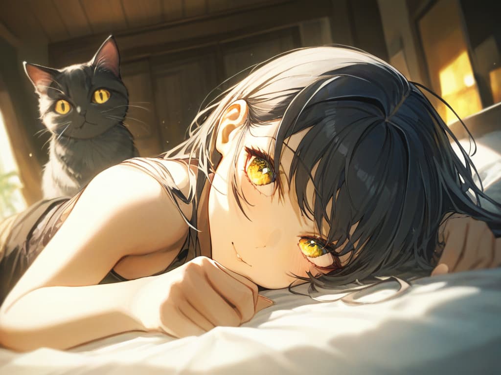  cat anthropomorphic black hair glows yellow with long hair, masterpiece, best quality,8k,ultra detailed,high resolution,an extremely delicate and beautiful,hyper detail