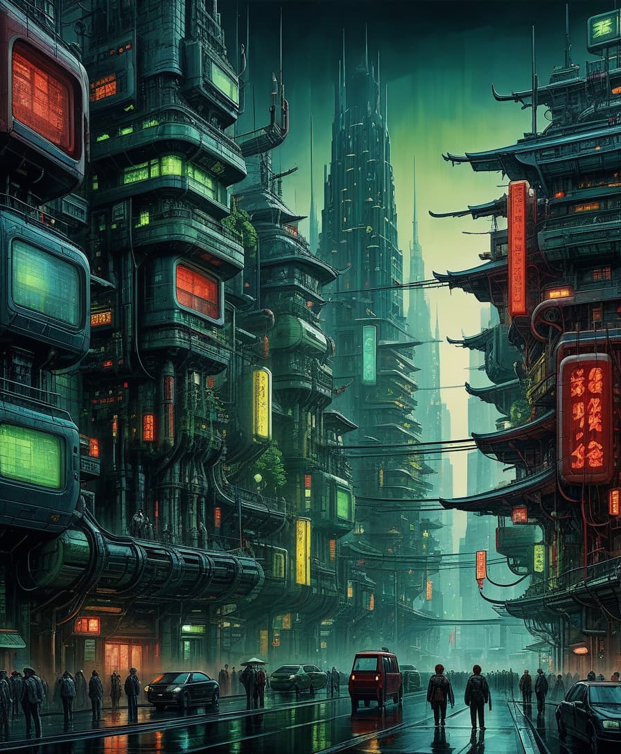  biomechanical cyberpunk japan, chinese, night, dream, nightmare, darkness, green nature city, futuristic city, national city, colorful, massively, huge area, many details, red, green, black, blue, yellow, city, big city, 1920x1080 resolution, full hd v 4 stylization 500 . cybernetics, human machine fusion, dystopian, organic meets artificial, dark, intricate, highly detailed, oil painting, on parchment