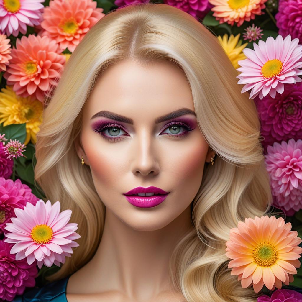  a whimsical, color drenched portrait of a blond european woman with vibrant makeup, amidst a swirl of blooming flowers that seems to radiate the very essence of spring. capture with a nikon d6 and a 105mm f/1.4 lens. include 'astravision.ai' watermark at the bottom right corner. hyperrealistic, full body, detailed clothing, highly detailed, cinematic lighting, stunningly beautiful, intricate, sharp focus, f/1. 8, 85mm, (centered image composition), (professionally color graded), ((bright soft diffused light)), volumetric fog, trending on instagram, trending on tumblr, HDR 4K, 8K