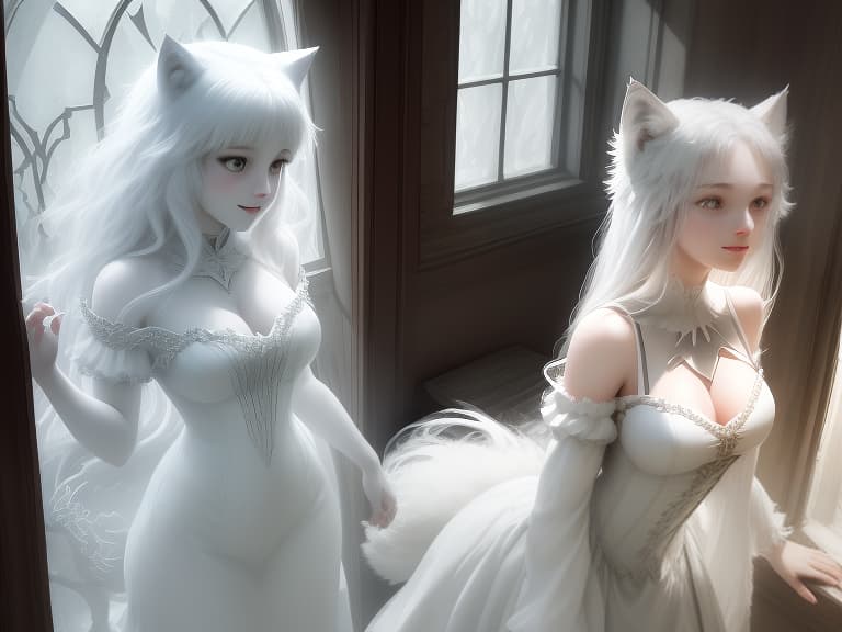  white she wolf, with the body of a girl, in full growth, animal grin, in a bard dress, with a deep neckline, beautiful elastic chest, stands at the window, looks into the distance, clear lines, high resolution