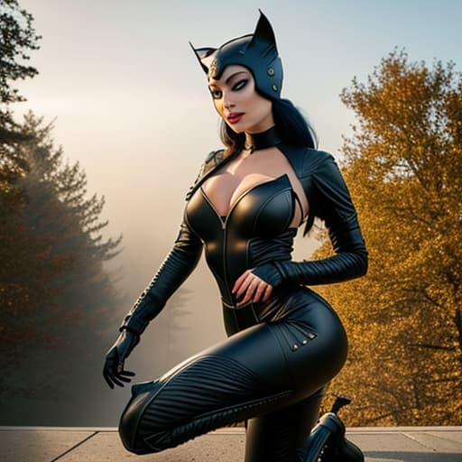  daring beautiful cosplay woman dressed as catwoman with ripped costume kneeling in long tight boots, soft focus, depth of field, 8k photo, hdr, professional lighting, taken with canon eos r5, 75mm lens hyperrealistic, full body, detailed clothing, highly detailed, cinematic lighting, stunningly beautiful, intricate, sharp focus, f/1. 8, 85mm, (centered image composition), (professionally color graded), ((bright soft diffused light)), volumetric fog, trending on instagram, trending on tumblr, HDR 4K, 8K