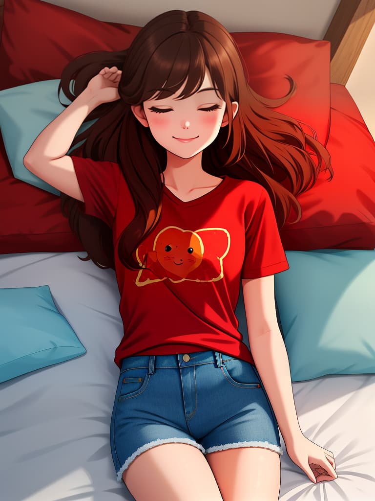  sleep in brown hair girl, smile, red t shirt, denim shorts, bed,, masterpiece, best quality,8k,ultra detailed,high resolution,an extremely delicate and beautiful,hyper detail