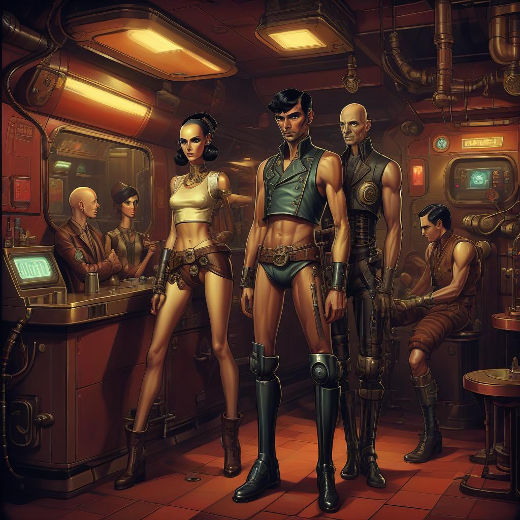  retro game art a group of smugglers, a potty man, 40 year, small, bald, black. a young , 20 year, medium sized s, graceful thin waist, long slender legs, black hair, droid, minotaur. full length image, steampunk, dieselpunk, paropunk, stand in a futuristic tavern. . 16 bit, vint colors, pixelated, nostalgic, charming, fun