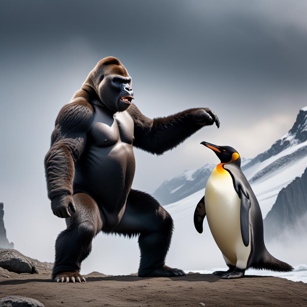  King Kong fighting a GIANT king penguin. King Kong should have its distinctive features: massive, muscular build, dark fur, expressive face, and powerful limbs. The GIANT king penguin should be much larger than a typical penguin, with a muscular build, sharp beak, and fierce look. The setting can be in a mountainous terrain or a cityscape with destroyed elements, emphasizing the intensity of the battle. hyperrealistic, full body, detailed clothing, highly detailed, cinematic lighting, stunningly beautiful, intricate, sharp focus, f/1. 8, 85mm, (centered image composition), (professionally color graded), ((bright soft diffused light)), volumetric fog, trending on instagram, trending on tumblr, HDR 4K, 8K