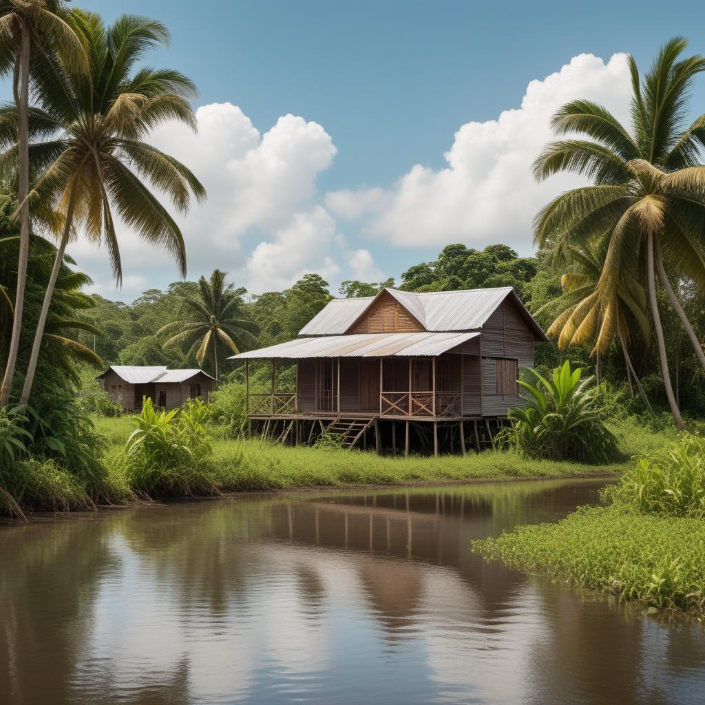  A peaceful Sunday morning in Stewartville, Guyana. Lush greenery, traditional wooden houses on stilts, friendly locals starting their day, a calm river nearby, and clear blue skies. hyperrealistic, full body, detailed clothing, highly detailed, cinematic lighting, stunningly beautiful, intricate, sharp focus, f/1. 8, 85mm, (centered image composition), (professionally color graded), ((bright soft diffused light)), volumetric fog, trending on instagram, trending on tumblr, HDR 4K, 8K