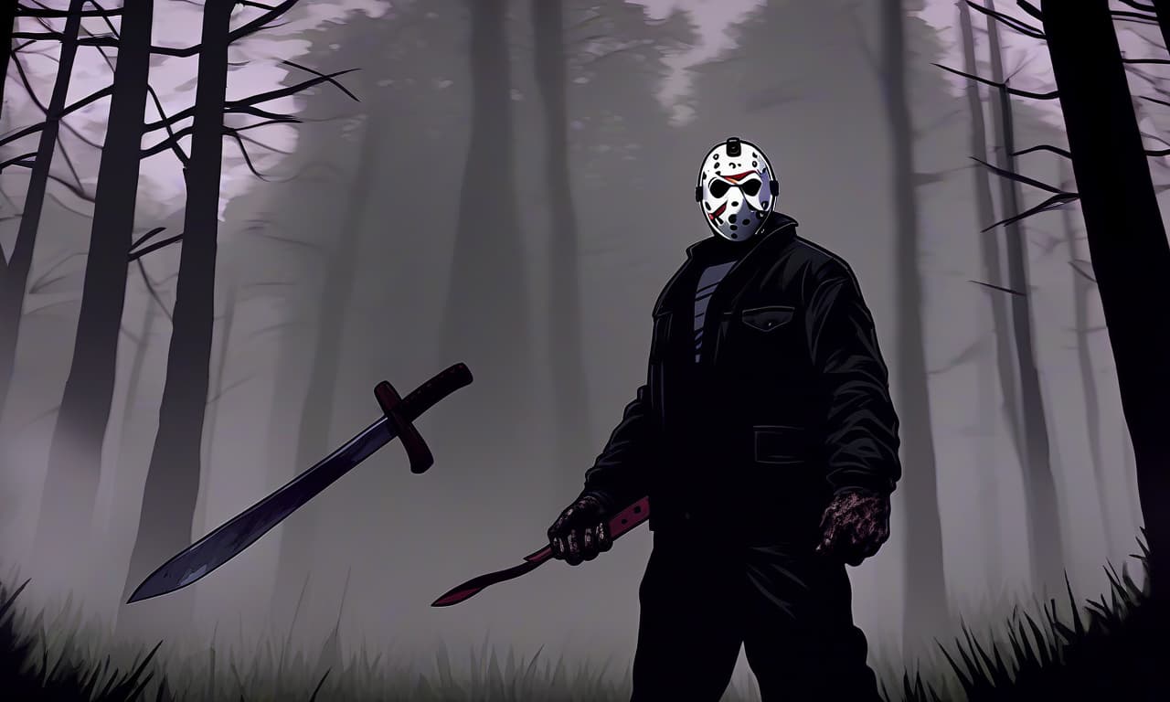  horror themed jason voorhees stands at full height on the grass. a sturdy figure. dressed in a black jacket and black pants. in his hand machete, on his face canonical mask. the background is a dense forest in the fog . eerie, unsettling, dark, spooky, suspenseful, grim, highly detailed