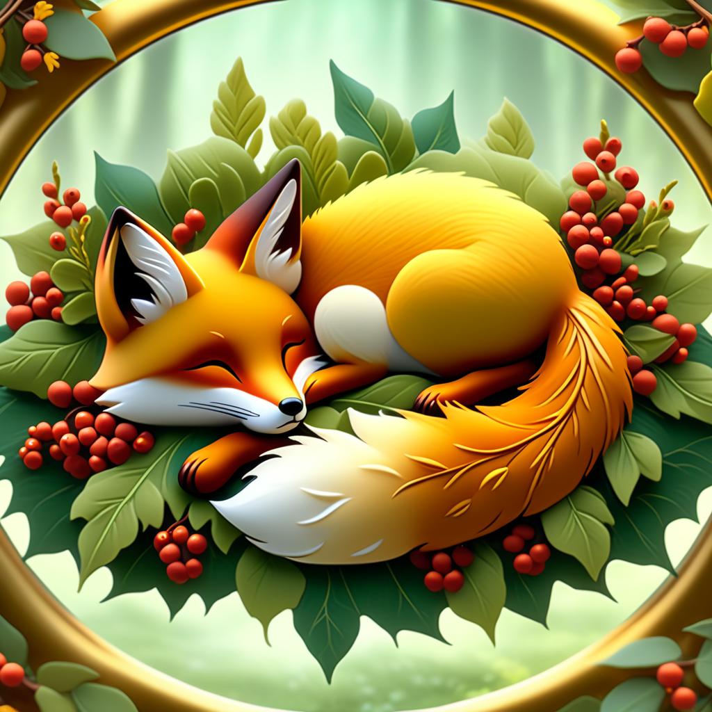  dreamscape (frame):gold round frame decorated with fancy oak leaves and rowan berries. (picture). animalism in fantasy style: little fox sleeping in the arms of big mum fox. appearance of a fox:sweetly sleeping curled up in a ball. (colours):orange, red, white, beige, gold, all shades of green, brown, brown gold. (style):animalism, fantasy, fairy tale, tenderness, kindness, calmness, cartoon . surreal, ethereal, dreamy, mysterious, fantasy, highly detailed, civitai, hkmagic hyperrealistic, full body, detailed clothing, highly detailed, cinematic lighting, stunningly beautiful, intricate, sharp focus, f/1. 8, 85mm, (centered image composition), (professionally color graded), ((bright soft diffused light)), volumetric fog, trending on instagram, trending on tumblr, HDR 4K, 8K