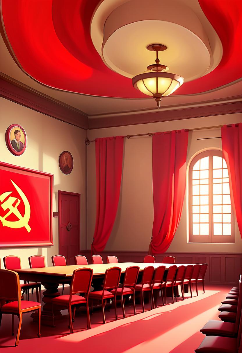  renaissance style a meeting room with empty seats, red communist flags on walls (cel shading, vintage anime:1.25) . realistic, perspective, light and shadow, religious or mythological themes, highly detailed