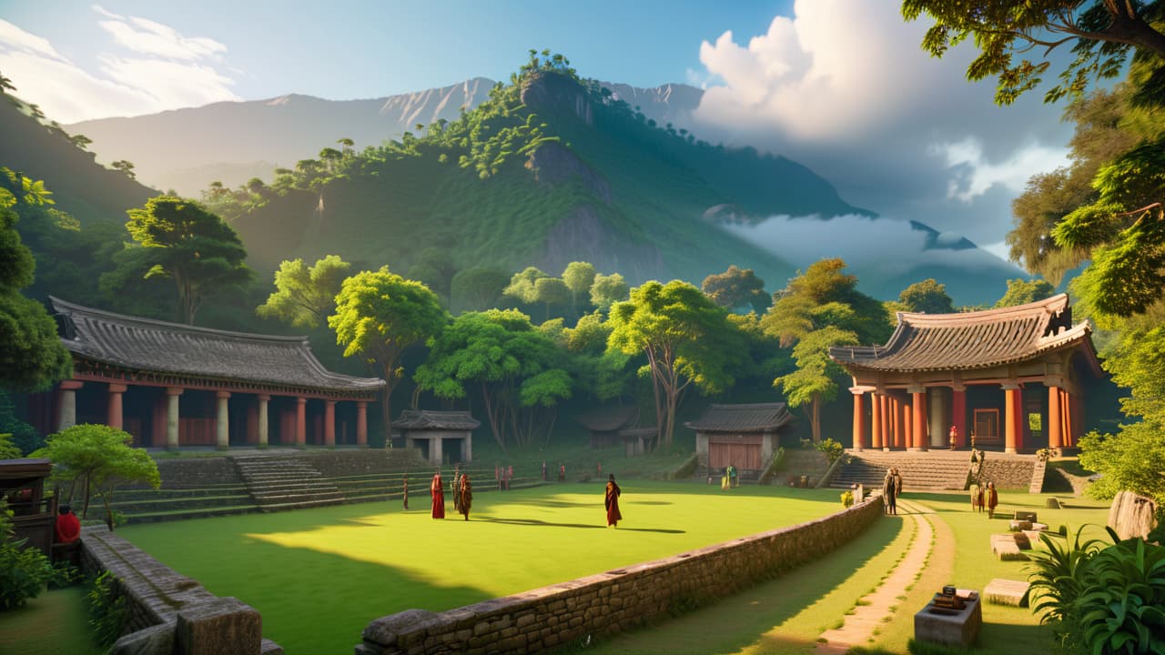  a serene landscape featuring ancient ruins, a vibrant local market with traditional crafts, and tourists exploring historical sites, all surrounded by lush greenery and mountains, capturing the essence of cultural heritage and exploration. hyperrealistic, full body, detailed clothing, highly detailed, cinematic lighting, stunningly beautiful, intricate, sharp focus, f/1. 8, 85mm, (centered image composition), (professionally color graded), ((bright soft diffused light)), volumetric fog, trending on instagram, trending on tumblr, HDR 4K, 8K