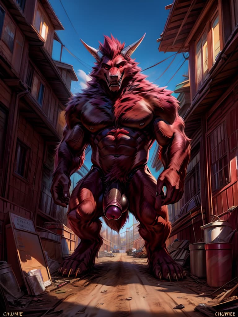  chunie tall beast made of garbage with his big erect cock out in a junk yard, bloodstainai, horror, fear