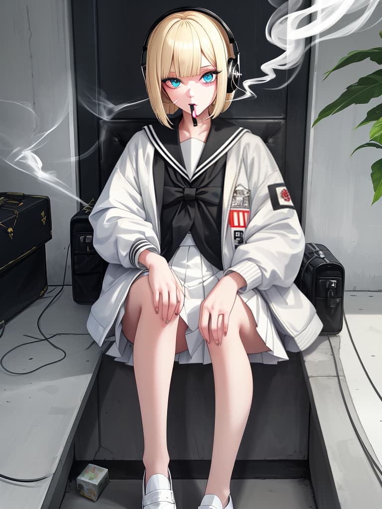  headphones, cigarettes, smoke, mine based makeup, girls who smoke cigarettes, spider nest tattoo on the left arm, souvenir jacket, white sailor suit, white pleated skirt, whole body, green jacket, black loafer, black loafer. wearing blue eyes, blonde bob hair, masterpiece, best quality,8k,ultra detailed,high resolution,an extremely delicate and beautiful,hyper detail