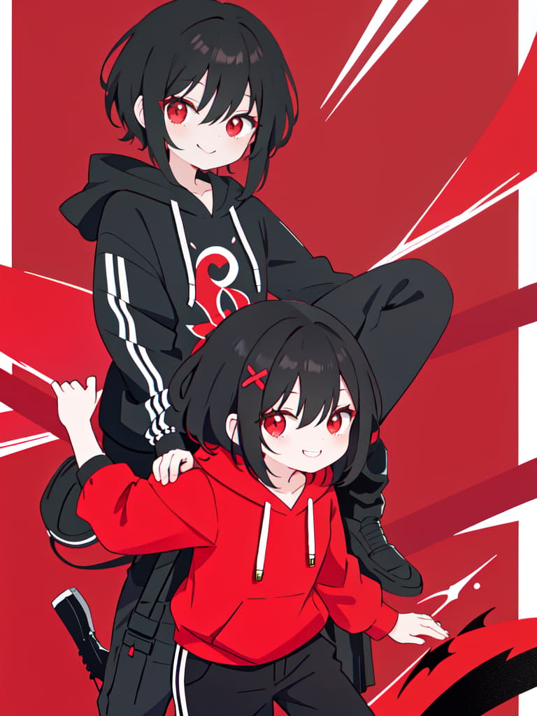  short black hair,red eyes,red hairpin,white hoodie,black pants,and a naughty smile.