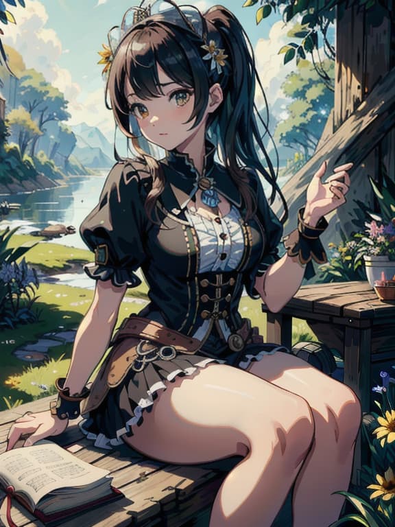  master piece, best quality, ultra detailed, highres, 4k.8k, Young ., Lifting up her , sitting with her legs up., and curious., BREAK Curiosity and innocence., Gry meadow., erflies, flowers, book., BREAK Sunny and serene atmosphere of a summer day., Soft lighting, dreamy ambiance., piratepunkai,GemstoneAI