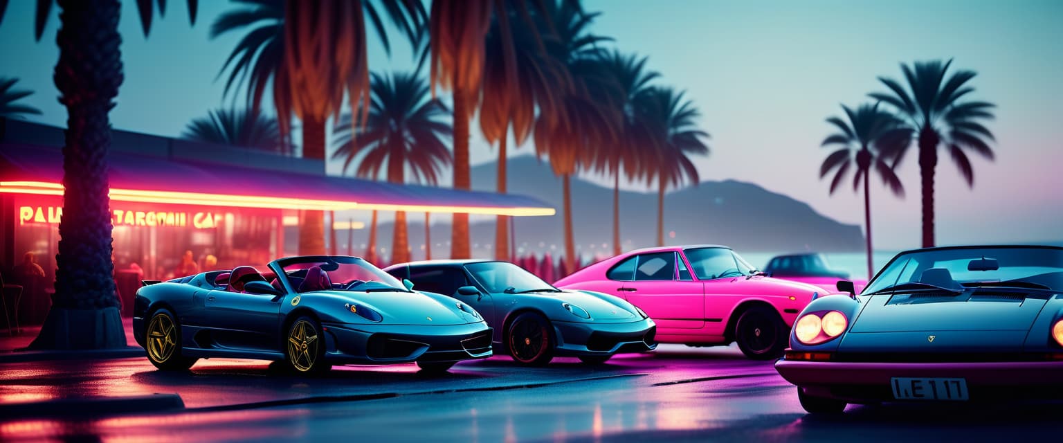  cinematic film still palm trees, three cars ferrari lamborghini porsche, near the sea stand, neon light, next to the club . shallow depth of field, vignette, highly detailed, high budget, bokeh, cinemascope, moody, epic, gorgeous, film grain, grainy