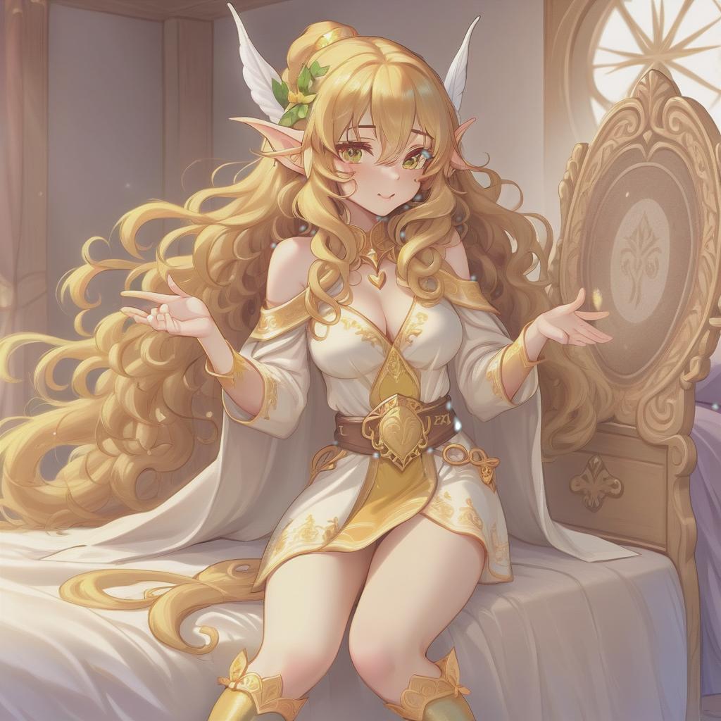  breathtaking the girl elf is a very bright personality, funny, long curly hair of golden color, beautiful body type, large chest, not fat, fantasy world ancient robes, bedroom, very strong love . award winning, professional, highly detailed