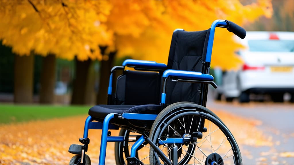  close up. wheelchair with four wheels standing against the background of a hospital. autumn atmosphere. background is blurred. ar 16:9 {prompt}, maximum details