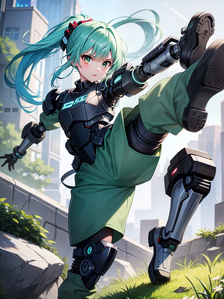  masterpiece,insanely detailed face,solo,girl,intelligence,genius,serious,cool,clear face,aqua hair,hair up,sidelocks,ring hair,humanoid,((mechanical joint)),((exoskeleton)),((mechanical legs)),green colored armor,pose,((kicking,high kick)),((incoming kick)),(standing on one leg),((outstretched foot,close up sole,blurr sole)), looking at viewer,((sense of movement,speed line,motion blurr,blurr fore ground)),