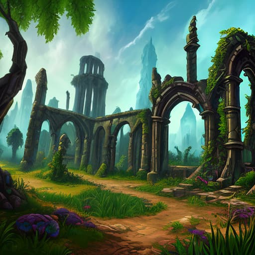  magical ruins of the middle ages, which are overgrown with magical plants, arcane style, borderlands style, telltale games style, oil painting, simple colors, low detail, vivid colors, defined lines, defined edges, digital art, cartoon look, cartoon style, sharp shadows, dark