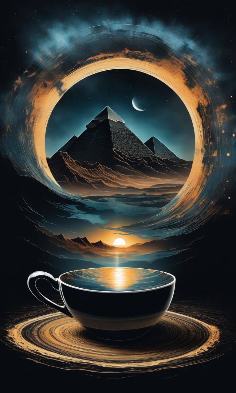  (digital image) with (double exposure:1.5). a cup of coffee. executed in watercolour technique. the outline of the cup dissolves into the black background. multilayered painting. image of egyptian landscape inside cup. surrealism, fantasy.