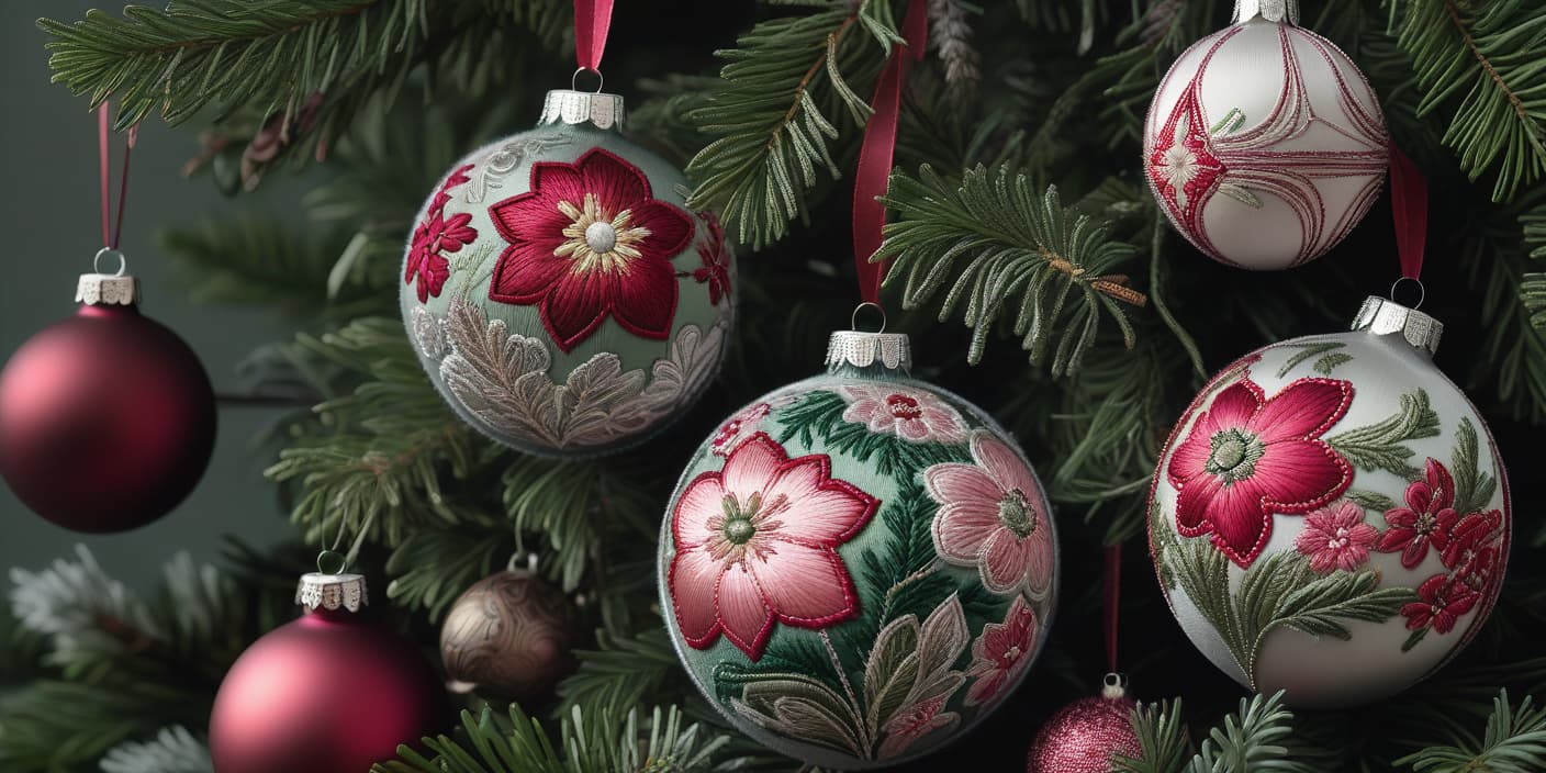  beautiful christmas ornaments with floral and vintage designs embroidered on them, in muted colors of dark reds, pinks, greens, gray tones, and silver metallic threads, sitting against an evergreen background. high resolution, high detail, realistic product photography