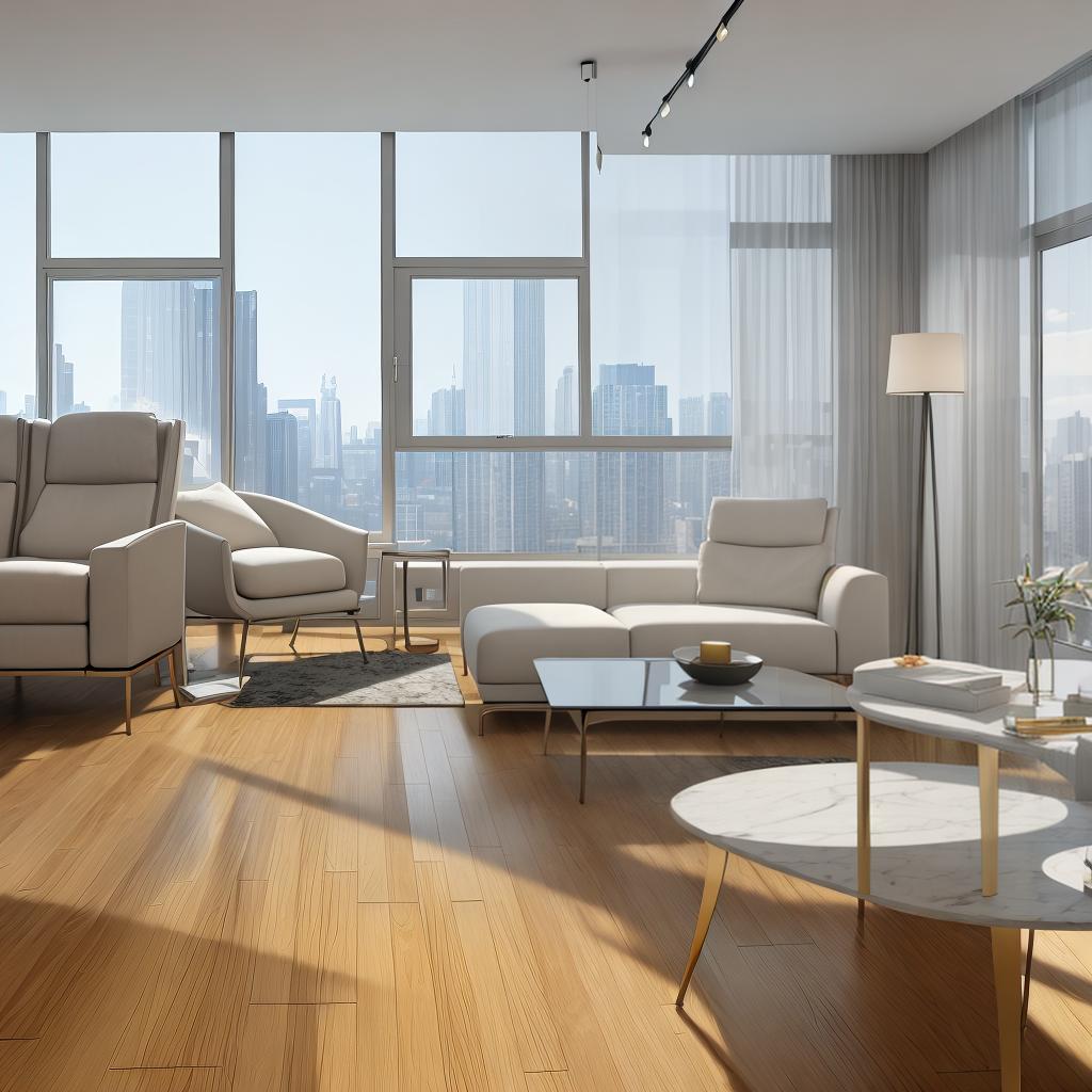  masterpiece, best quality, Best Quality, Masterpiece, 8k resolution,high resolution concept art of an apartment living room with floor to ceiling windows and modern furniture