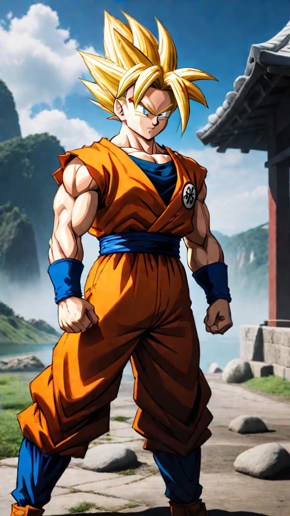  anime art: gohan achieves super saiyan 2 after goku's sacrifice at the cell games arena. hyperrealistic, full body, detailed clothing, highly detailed, cinematic lighting, stunningly beautiful, intricate, sharp focus, f/1. 8, 85mm, (centered image composition), (professionally color graded), ((bright soft diffused light)), volumetric fog, trending on instagram, trending on tumblr, HDR 4K, 8K