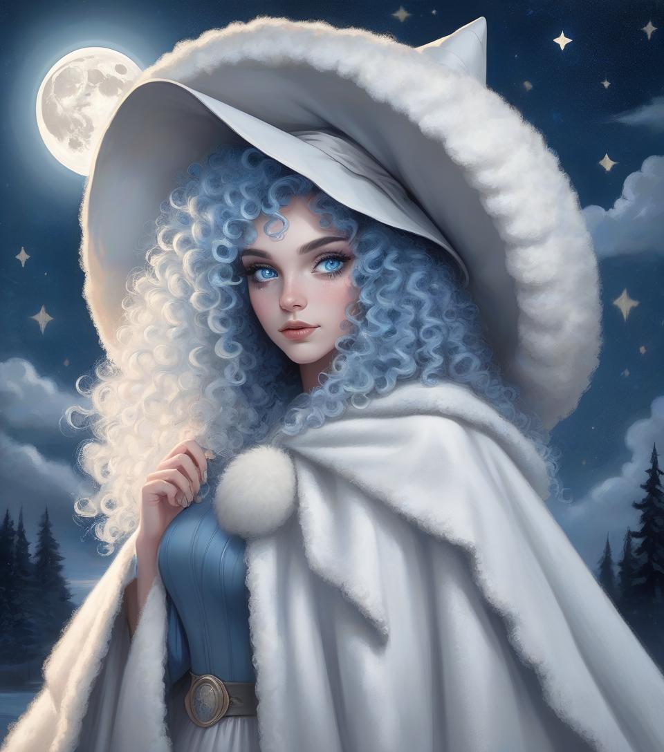  woman with blue curly hair, big white witch hat, white vintage sweater, gray bearskin cape, blue eyes, big full moon in the background, night with stars