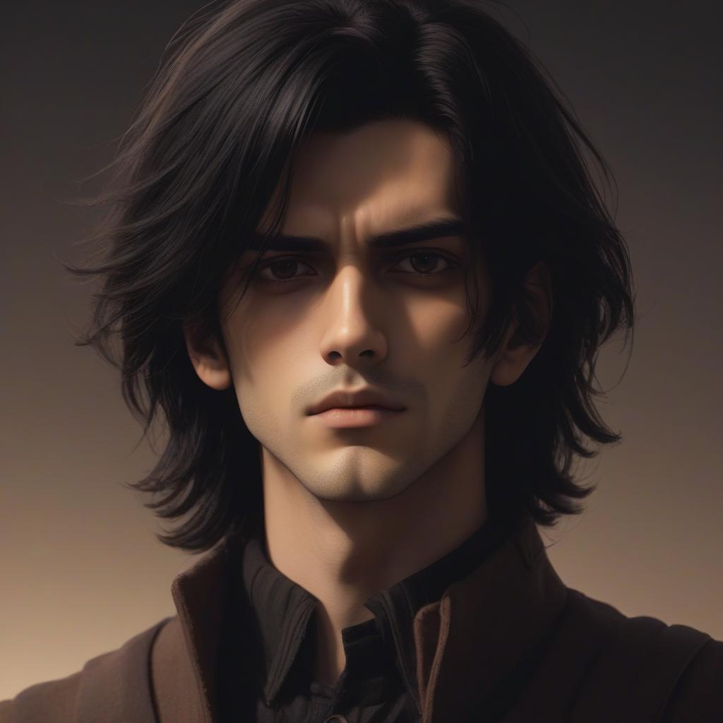  the image shows the character of a guy with long black hair and large brown eyes. the background of the picture is made in warm, neutral colors, which creates a contrast with the dark clothes of the character. the facial expression looks serious and thoughtful, which gives it character and depth. the image style resembles pixel or cartoon graphics, which adds an element of playfulness.