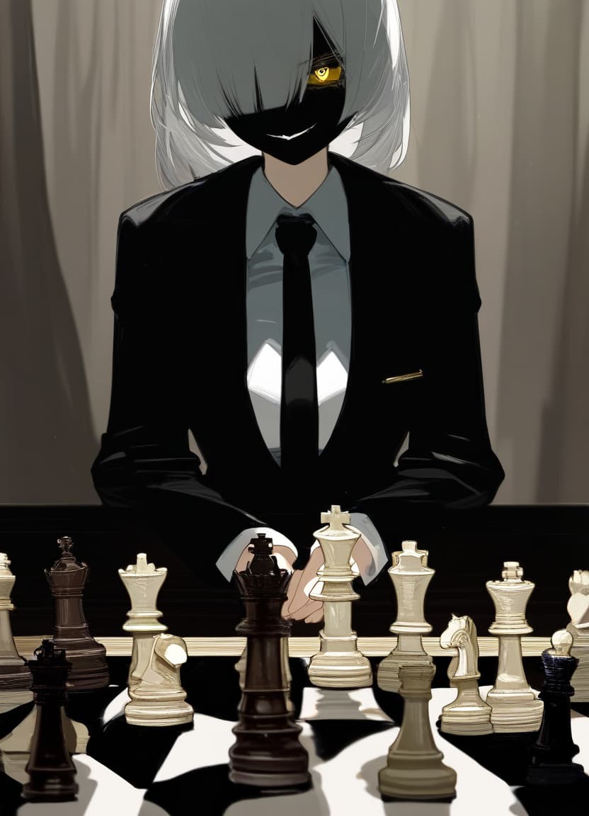  beutiful long white hair anime woman with shadows hiding face, sitting in front of a table with a chess set on it,an evil smile on her face and only 1 gold eye is visible, black suit and tie . best quality, high resolution