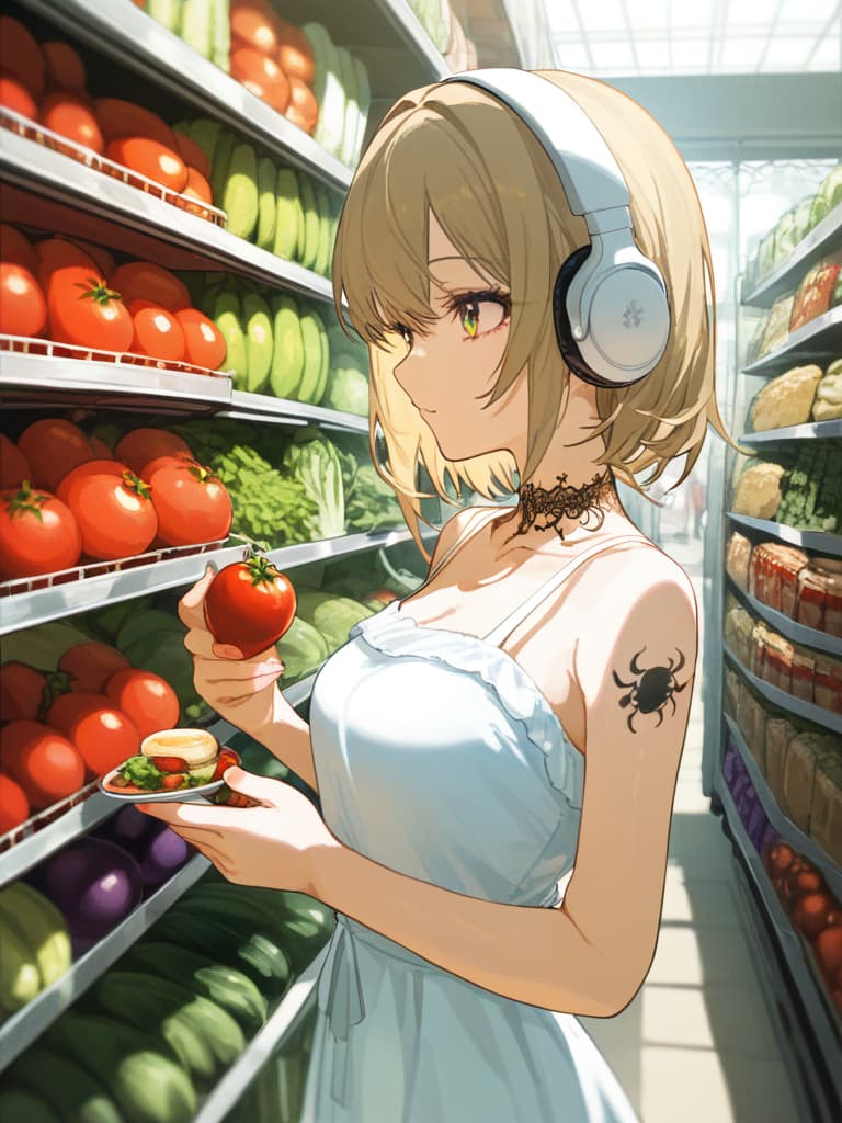  with tomatoes, blond ponytails, white headphones, heart tattoo on their arms, girls wearing white dress dresses, shopping carts, shopping carts, gestures, shopping cart containing eggplant and celery, the upper arm. tattoo, spider web on the neck, headphones, black tattoos, heart shaped tattoos, white headphones, brighter, black tattoo, drawing brighter arms., masterpiece, best quality,8k,ultra detailed,high resolution,an extremely delicate and beautiful,hyper detail