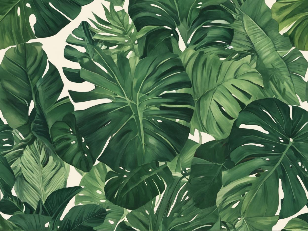  minimalism, the scene displays a lush, tropical landscape, filled with a dense arrangement of broad, green leaves from various types of tropical plants. the foliage consists of large banana leaves, palm fronds, and possibly monstera leaves, creating a rich, textured canopy that feels both vibrant and calming. the variety of green shades, along with the natural layering of the plants, conveys a deep, almost jungle like atmosphere, reminiscent of a serene, thriving tropical rainforest., abstract, simple geometic shapes, hard edges, sleek contours, minimalism