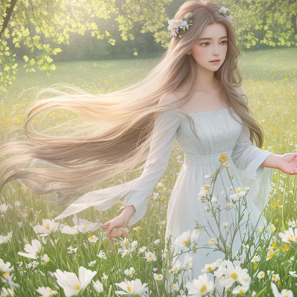  Masterpiece, best quality, this is a close-up of a beautiful naked woman standing in a field of wildflowers in prime time, her flowing hair capturing the warm sunlight. The soft soft colors of the flowers contrast with her bright skin, creating a dreamy ethereal atmosphere. This photo was taken in a romantic and artistic style reminiscent of painting, focusing on natural beauty and femininity. Realization: Kodak Portra 400.