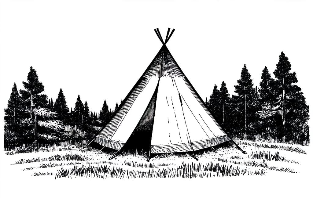  contour, very simple image in one unbroken black ink line, single line of camping tent, wild nature in background, engraving illustration ar 3:2 using a single continuous black line ink brushon white background, drawing should be created without lifting the pen, recognizable features of camping tent, wild nature in background, engraving illustration ar 3:2 in one unbroken line