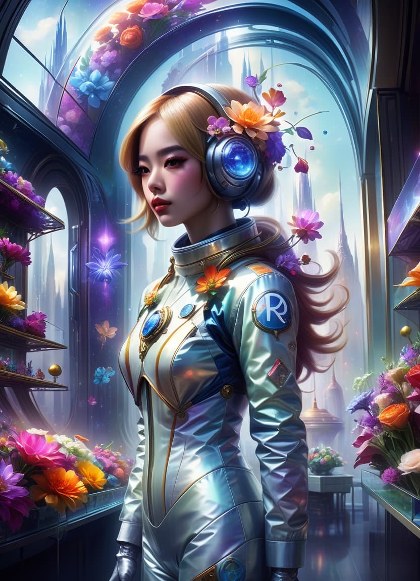  (art by style of ross tran:1.2): space flower shop, seller in spacesuit, flower bouquets covered with glass caps, against the backdrop of the magic tower, against a backdrop of shelves with bouquets under glass caps, sci fi abstract art, multicolore, (frame with intricate thin celtik magical symbol ornamentation:1.4) :: (thin: 1,3) lines,, civitai