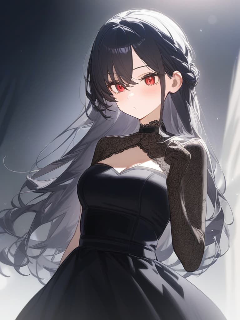  masterpiece,1girl,black hair,red eyes,long hair,slender,black dress,dress head,lace gloves,black lace,