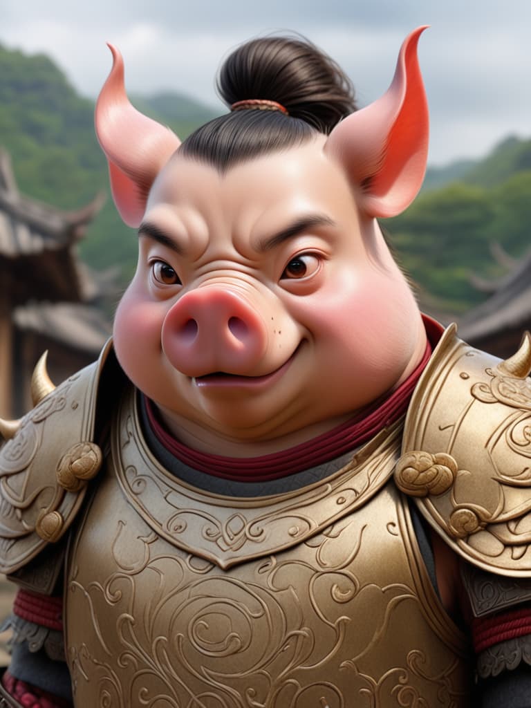  pig demon, 1 male, pig like face with tusks, solo, male focus, rotund body, traditional chinese warrior armor, portrait, small eyes, looking at viewer, realistic, slightly open mouth with visible fangs, close up, large ears, intricate shoulder armor, dark rural background, weathered skin, determined expression