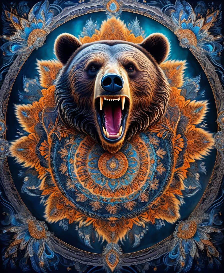  impressionist painting masterpiece, hdr 8k, digital image. conceptual art. (a bear with a bared mouth full of sharp fangs, appearing in ancient russian ethnic ornaments that make up a symmetrical mandala consisting of an endless forest, a wide flowing river and majestic mountains, the mandala is decorated with a fantastic ice pattern). abstract elements: crystals, beads, feathers. the effect of dissolving the natural shades of fur in sky waves. filigree finishes, mysterious neon glowing accents, intricate. stylization. neo rococo style. stylish, dynamic, atmospheric. background dissolving abstract patterns in the space:: vignetting:: complex ethnic ornament. mystery, fantasy surrealism. high detail. high quality. hdr. . loose brushwork, v