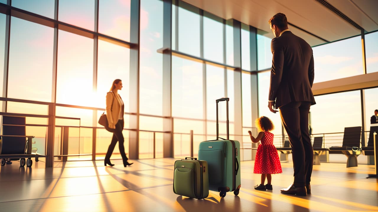  a serene airport scene featuring a stylish travel crib surrounded by parents with luggage, soft sunlight streaming through windows, and a child happily playing inside the crib, creating a warm, inviting atmosphere. hyperrealistic, full body, detailed clothing, highly detailed, cinematic lighting, stunningly beautiful, intricate, sharp focus, f/1. 8, 85mm, (centered image composition), (professionally color graded), ((bright soft diffused light)), volumetric fog, trending on instagram, trending on tumblr, HDR 4K, 8K