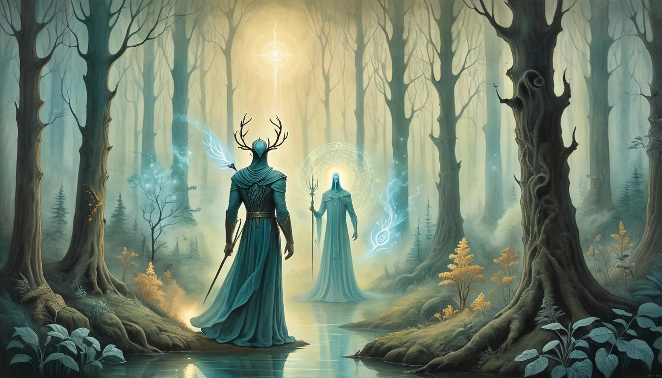  on parchment, surrealism+++, an ethereal figure standing in a forest, surrounded by a glowing aura, suggesting deep spiritual transformation, soft illumination, introspective(mysterious, provocative, symbolic,muted color)+++