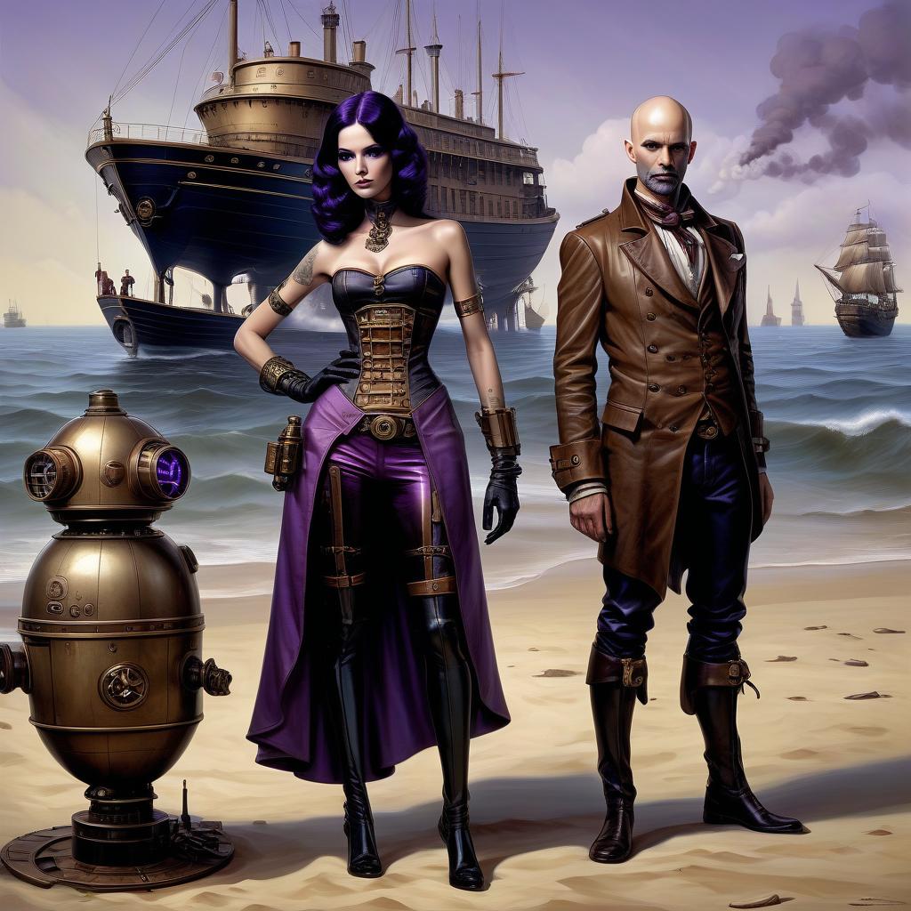  nautical themed a group of smugglers, a young with purple skin, 20 year, medium sized s, elegant thin waist, long slender legs, black hair. a man with a , 40 year, small growth, bald, black. next to the droid and minotaur. full length image, steampunk, dieselpunk, paropunk, standing tavern. . sea, ocean, ships, maritime, beach, marine life, highly detailed