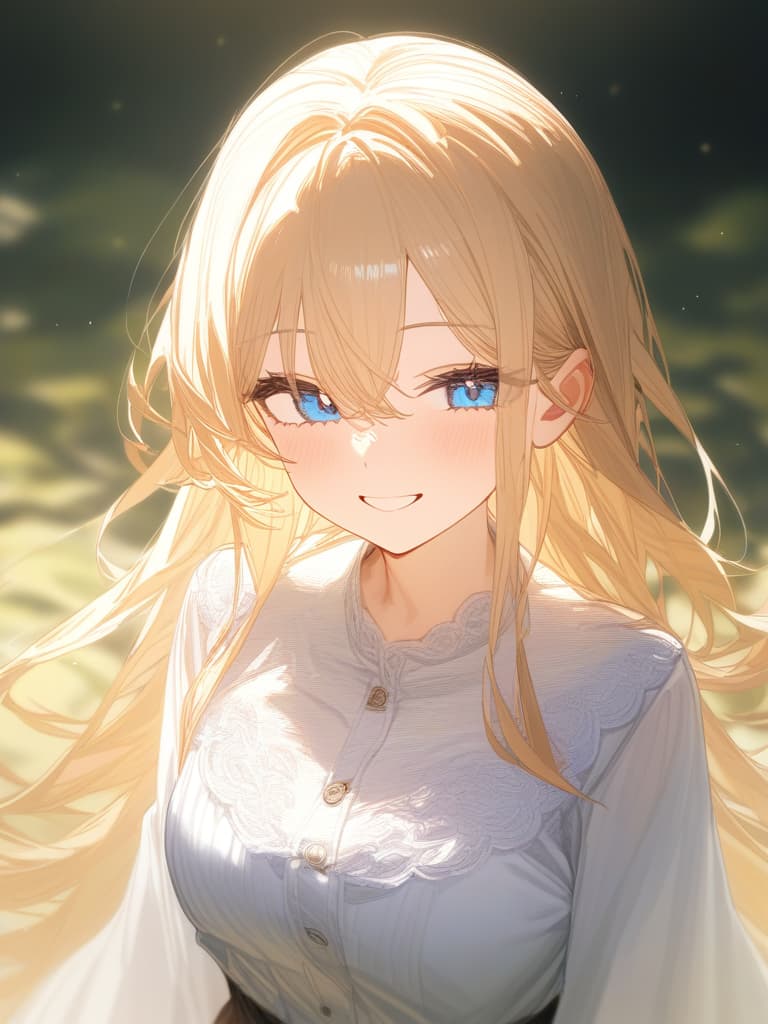  blond, blue eyes, smiling, white clothes, masterpiece, best quality,8k,ultra detailed,high resolution,an extremely delicate and beautiful,hyper detail