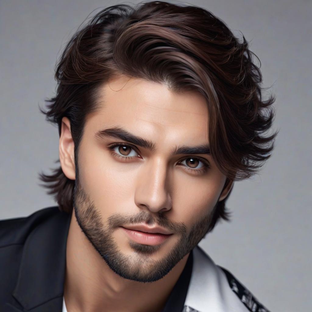  white attractive man, with brown eyes, strong jaw line, trimmed beard, and dark brown colored ear length slightly tousled hair photo realistic, highly intricate and detailed, masterpiece, ultra high res,photography,8k resolution