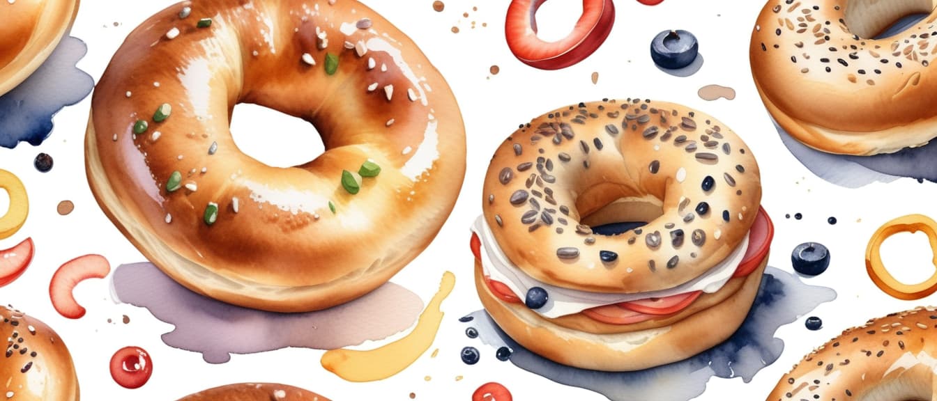  Realistic watercolor bagel illustration on white background