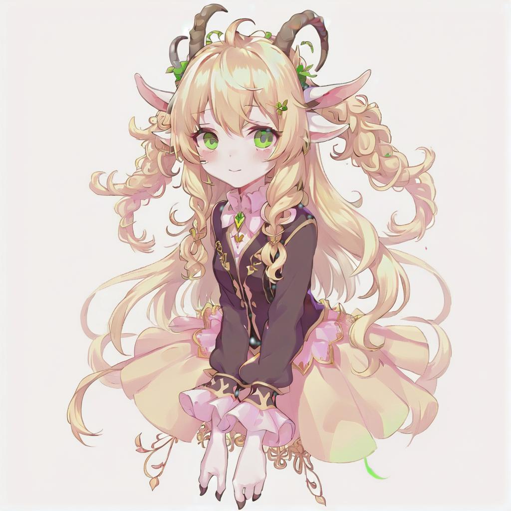  anime artwork anthropomorphic goat, blonde, long hair, curls, bangs, dressed in fairy core style, green eyes. a picture is an avatar for vitubing, neutral color background, pink blush . anime style, key visual, vibrant, studio anime, highly detailed